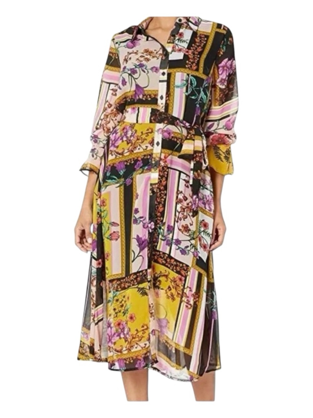 ECI NEW YORK Long Sleeve Floral Patchwork Print Midi Dress, Size 8.